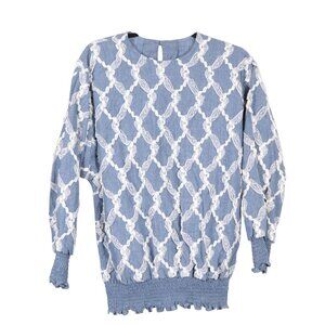 Sunny South VTG Denim Blouse S Womens Blue White Ribbon Lace Smocked Hem Cuffs